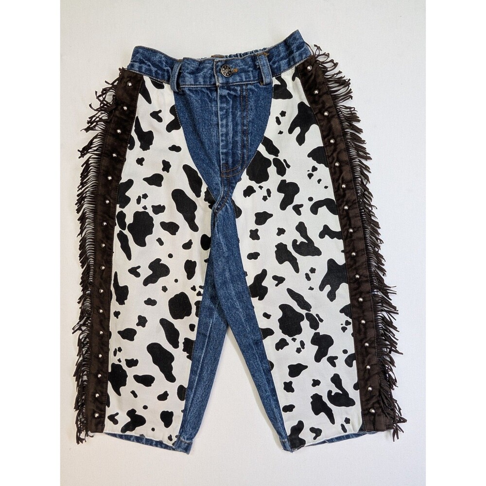 Vtg Toy Story Jessie Costume Toddler 2T Cow Print Denim Chaps Western Fringe...